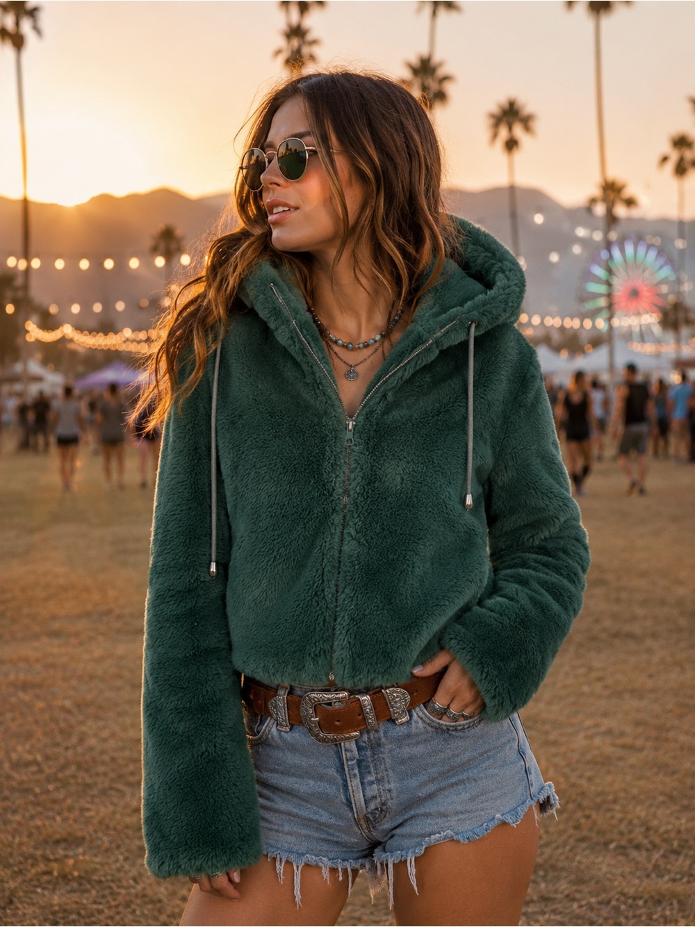 RACHEL ZOE Plush Cozy Green Patterned Teddy Fur Faux Fur Hooded Jacket, XS